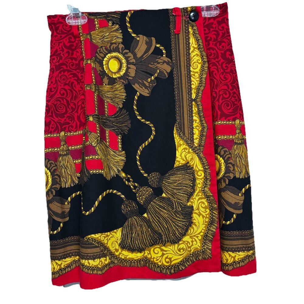 Vintage 90s Bentley Arbuckle Equestrian Wrap Skirt Size 8 Horse Red Gold Tassels
